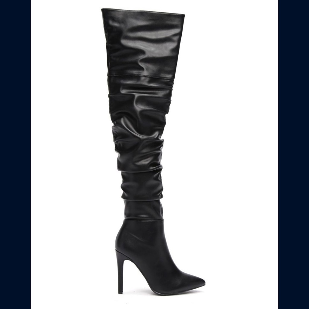 Thigh high faux leather stiletto heel boots